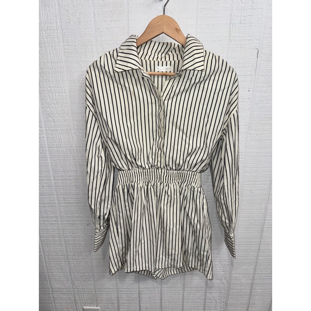 Line & Dot Romper Women White Navy Striped Smocked Waist Long Sleeve Pockets S